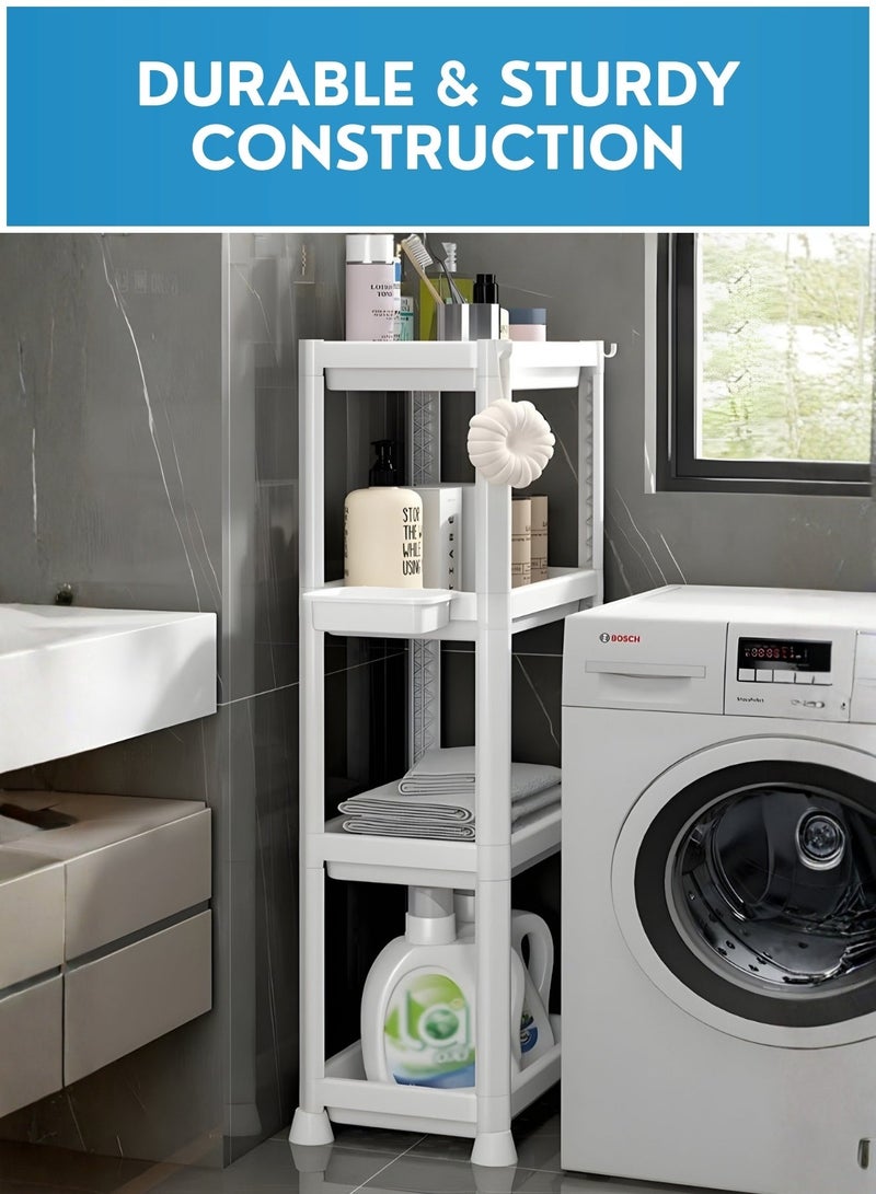 JUNI 4 Tier Slim Plastic Storage Rack Organizer, Space Saving Freestanding Shelf for Kitchen, Bathroom, Pantry & Laundry Room – Heavy Duty Multi-Purpose Home Storage Shelf - Image 2